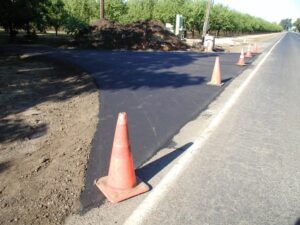 Street in chico, ca with asphalt driveway winding through orchard